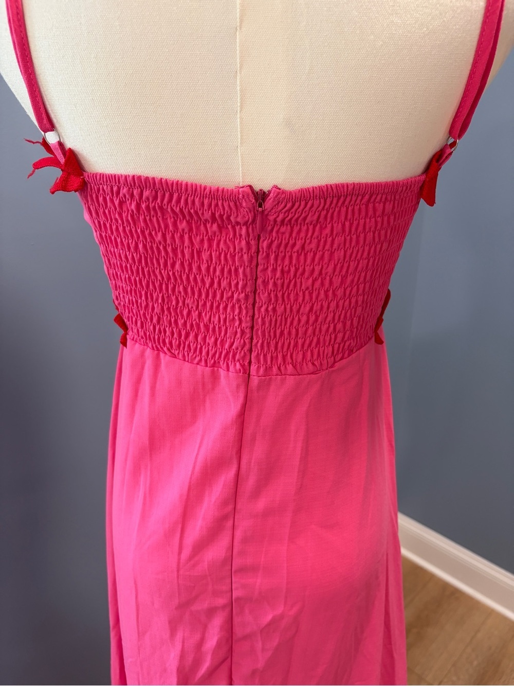 Pink Ric Rac Trim Maxi Dress Smocked Back Spaghetti Strap Small - Picture 7 of 9